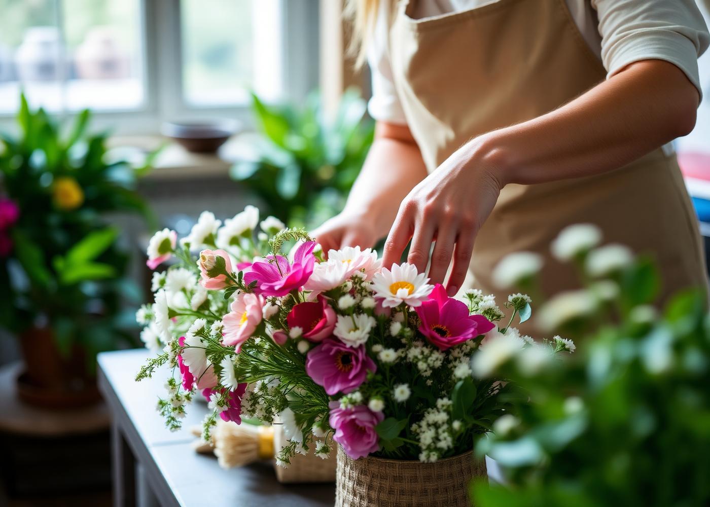 Florist arranging fresh flowers